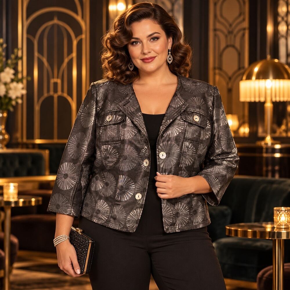 Silver Metallic Geometric Jacquard Womens Jacket Sz 16 Button 16 Artsy Ruby Rd